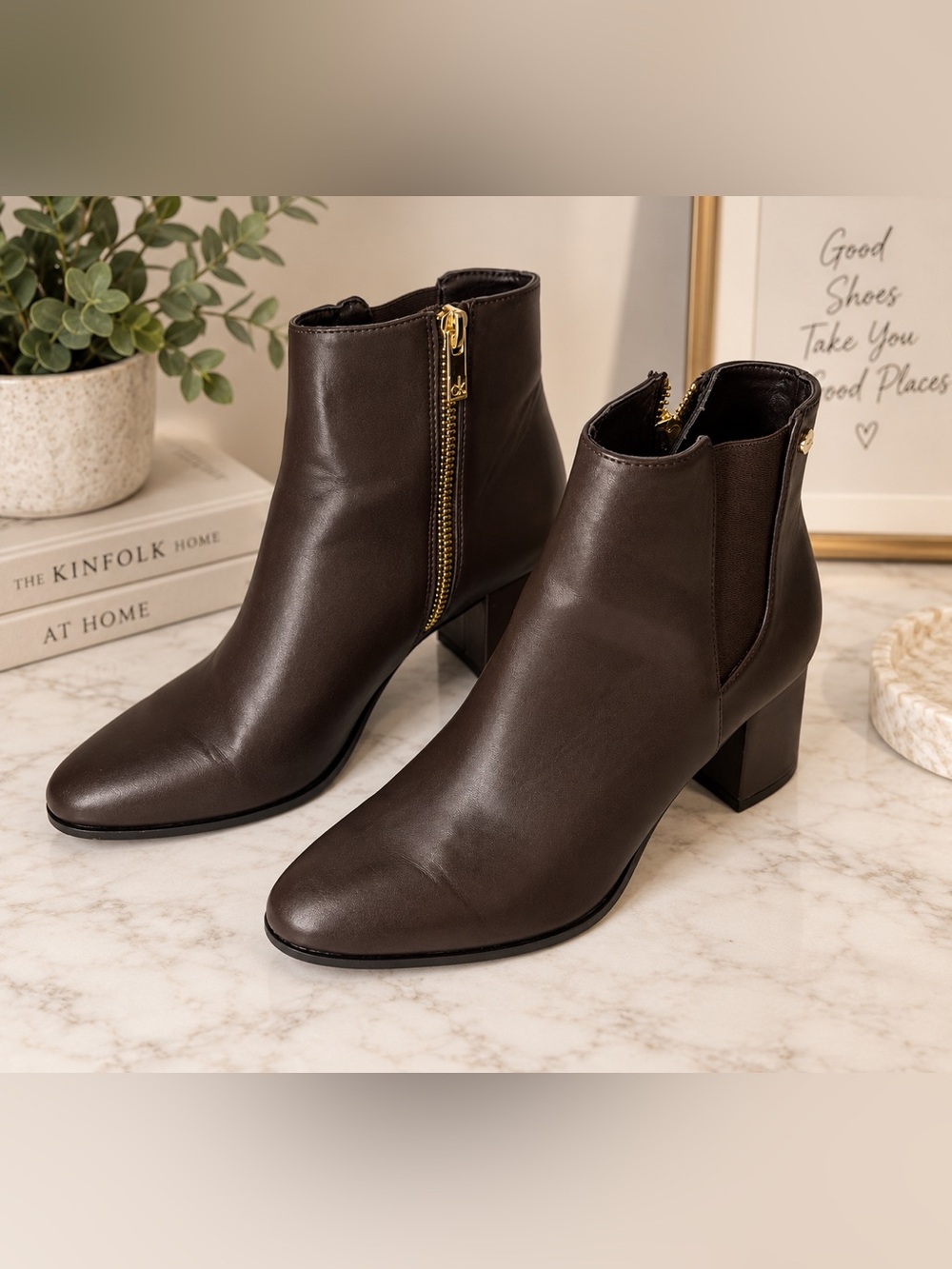 Calvin Klein Brown Ankle Boots Block Heel Size 6